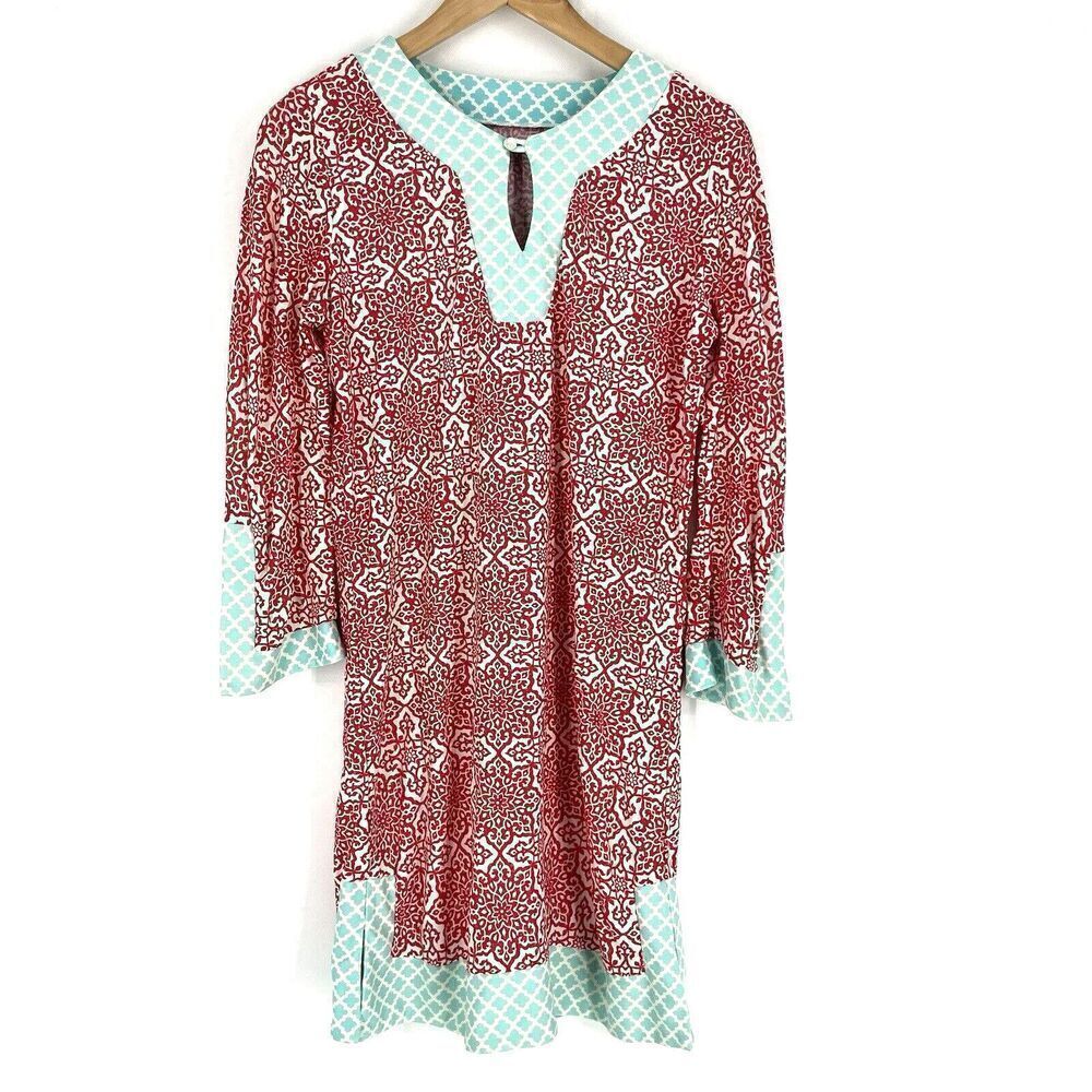 Cabana Life Dress Size Small Womens Red White Geo Print UPF50 Stretch Knit Shift